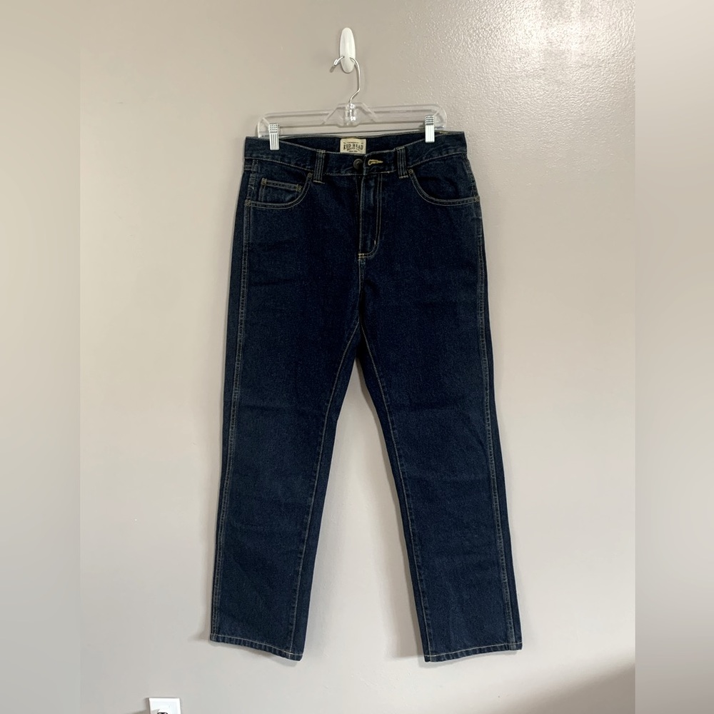 RED HEAD dark wash, straight cut jeans.